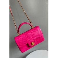 New Fashion Chanel Mini Classic Flap Bag with Top Handle in Pythonskin Leather AS2431 Deep Pink 2024