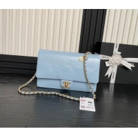 Pretty Style Chanel Medium Flap Bag with Chain in Grained Shiny Calfskin AS5180 Light Blue 2024