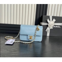 Luxury Discount Chanel Grained Shiny Calfskin Small Flap Bag with Chain AS5186 Light Blue 2024