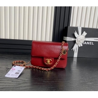 New Release Creation Chanel Grained Shiny Calfskin Mini Flap Bag with Chain AS5218 Red 2024