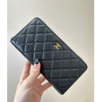 Reasonable Price Chanel Grained Calfskin Zip Wallet 50097 Black/Gold 2024