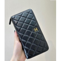 Most Popular Chanel Lambskin Zip Wallet 50097 Black/Gold 2024