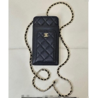 Top Design Chanel Grained Calfskin Phone Holder with Chain AP0990 Black/Gold 2024