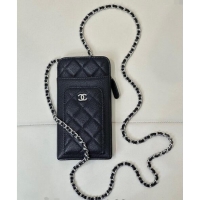 Top Design Chanel Grained Calfskin Phone Holder with Chain AP0990 Black/Silver 2024