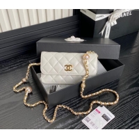 Top Quality Chanel Shiny Lambskin Flap Phone Holder with Chain and Pearls AP4284 White 2024