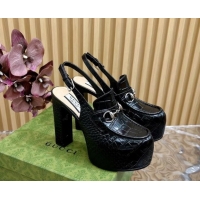 Buy Luxury Gucci Horsebit Platform High Heel Slingback Pumps 13.5cm in Stone Embossed Leather Black 0814059