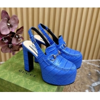 Grade Quality Gucci Horsebit Platform High Heel Slingback Pumps 13.5cm in Stone Embossed Leather Blue 0814060