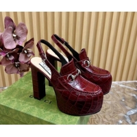 Popular Style Gucci Horsebit Platform High Heel Slingback Pumps 13.5cm in Stone Embossed Leather Dark Burgundy 0814061