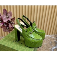 Good Quality Gucci Horsebit Platform High Heel Slingback Pumps 13.5cm in Stone Embossed Leather Green 0814062