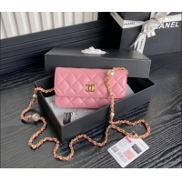 Famous Brand Chanel Shiny Lambskin Flap Phone Holder with Chain and Pearls AP4284 Pink 2024