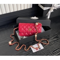 Good Taste Chanel Shiny Lambskin Flap Phone Holder with Chain and Pearls AP4284 Red 2024