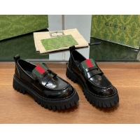 Best Grade Gucci Women's Black Leather Loafers with Web 1014042