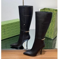 Low Price Gucci Leather High Boots with GUCCI Chain Black 1014049