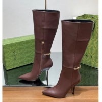 Perfect Gucci Leather High Boots with GUCCI Chain Brown 1014050