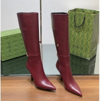 Pretty Style Gucci Leather High Boots with GUCCI Chain Burgundy 1014051