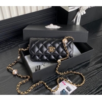 Buy Discount Chanel Shiny Lambskin Flap Phone Holder with Chain AP4284 Black 2024