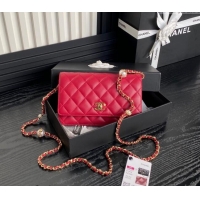 Popular Style Chanel Shiny Lambskin Wallet on Chain WOC with Pearls AP4282 Red 2024