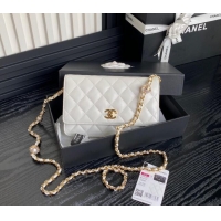 New Style Chanel Shiny Lambskin Wallet on Chain WOC with Pearls AP4282 White 2024