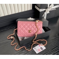 Top Design Chanel Shiny Lambskin Wallet on Chain WOC with Pearls AP4282 Pink 2024