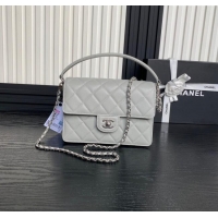 Modern Classic Chanel Grained Shiny Calfskin Small Flap bag with Top Handle AS5166 Grey 2024