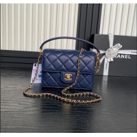 Market Sells Chanel Grained Shiny Calfskin Mini Flap bag with Top Handle AS5165 Navy Blue 2024