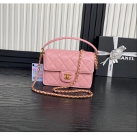 Shop Grade Chanel Grained Shiny Calfskin Mini Flap bag with Top Handle AS5165 Light Pink 2024