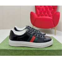 Luxury Cheap Gucci Ace Leather Sneakers with Web Black 1014076