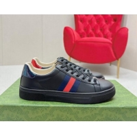 Charming Gucci Ace Leather Sneakers with Web Black 1014079