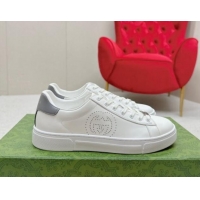 Buy New Cheap Gucci Ace Leather Sneakers with Perforated Interlocking G White/Grey 1014084