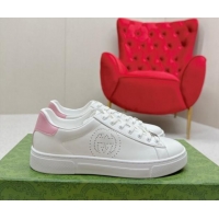 Perfect Gucci Ace Leather Sneakers with Perforated Interlocking G White/Pink 1014085