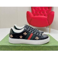 Buy Discount Gucci Ace Leather Sneakers with Bee and Star Black 1014089