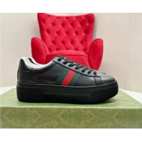 Top Design Gucci Ace Embossed Leather Platform Sneakers with Web Black 1014108