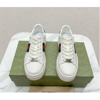 Good Quality Gucci Ace Leather Platform Sneakers with Web White/Green 1014109