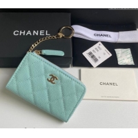 Inexpensive Chanel Grained Calfskin Zip Card Holder Wallet AP0221 Light Green 2024