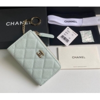 Grade Cheap Chanel Grained Calfskin Zip Card Holder Wallet AP0221 Pale Green 2024