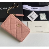 Buy Best Price Chanel Grained Calfskin Zip Card Holder Wallet AP0221 Light Pink 2024