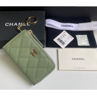 Inexpensive Chanel Grained Calfskin Zip Card Holder Wallet AP0221 Avocado Green 2024