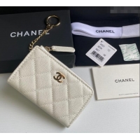 Buy Fashionable Chanel Grained Calfskin Zip Card Holder Wallet AP0221 White 2024