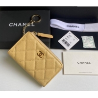 New Design Chanel Grained Calfskin Zip Card Holder Wallet AP0221 Yellow 2024