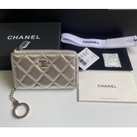 Buy Cheap Chanel Metallic Calfskin Zip Card Holder Wallet AP0221 Silver 2024