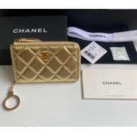 Super Quality Chanel Metallic Calfskin Zip Card Holder Wallet AP0221 Gold 2024