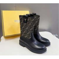 Luxury Fendi Filo Medium Boots 3.5cm in FF fabric and Leather Black/Brown 930086