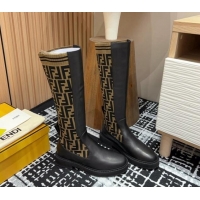 Low Cost Fendi Rockoko Medium Boots 3cm in Leather and Knit Black/Brown 930093