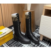 Luxurious Fendi Rockoko Medium Lace-up Boots 3cm in Leather and Knit Black 930094