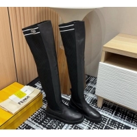 Good Quality Fendi Rockoko Over-Knit High Boots 3cm in Leather and Knit Black/White 930096