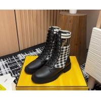 Unique Style Fendi Rockoko Lace-up Ankle Boots 3cm in Leather and Knit Black/Check 930101