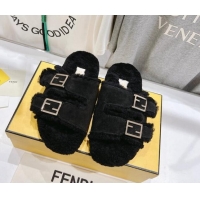 Duplicate Fendi Feel Flat Slides Sandals in Suede and Shearling Black 0930112