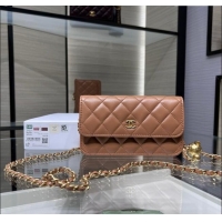 Buy Discount Chanel Lambskin Phone Holder with Chain and Gold-Tone Ball AP3071 Brown 2024