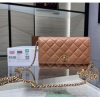 New Design Chanel Lambskin Wallet on Chain WOC with Gold-Tone Ball AP1450 Brown 2024