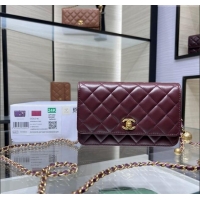 Top Grade Chanel Lambskin Wallet on Chain WOC with Gold-Tone Ball AP1450 Dark Burgundy 2024